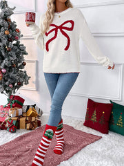 Crew Neck  Bow Jacquard Casual Sweater