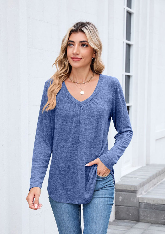 V-neck Pleated Solid Long Sleeve T-shirt