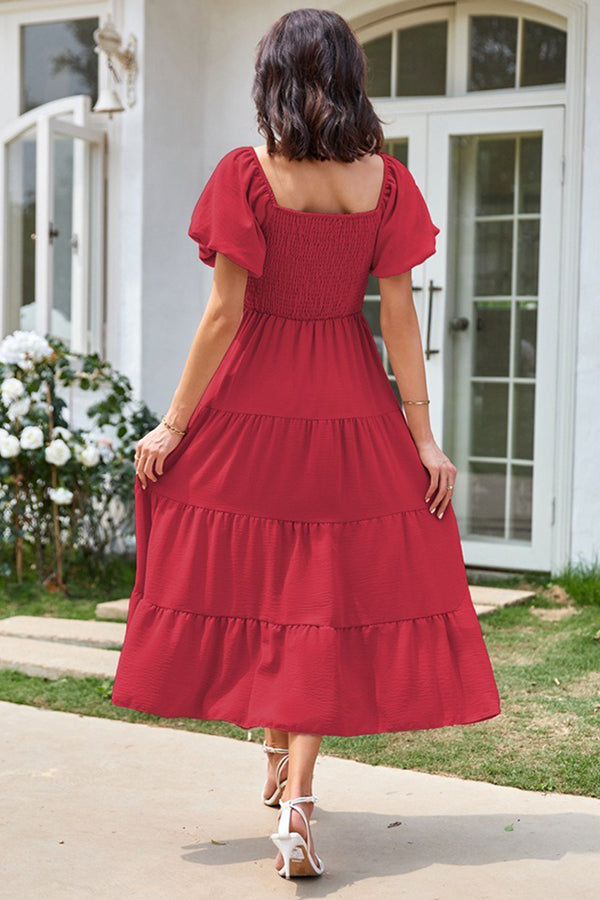Square Neckline Puff Sleeve Smocked Maxi Dress - Dresses from Cindelily