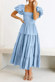 Square Neckline Puff Sleeve Smocked Maxi Dress Blue - Dresses from Cindelily