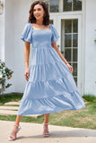 Square Neckline Puff Sleeve Smocked Maxi Dress - Dresses from Cindelily