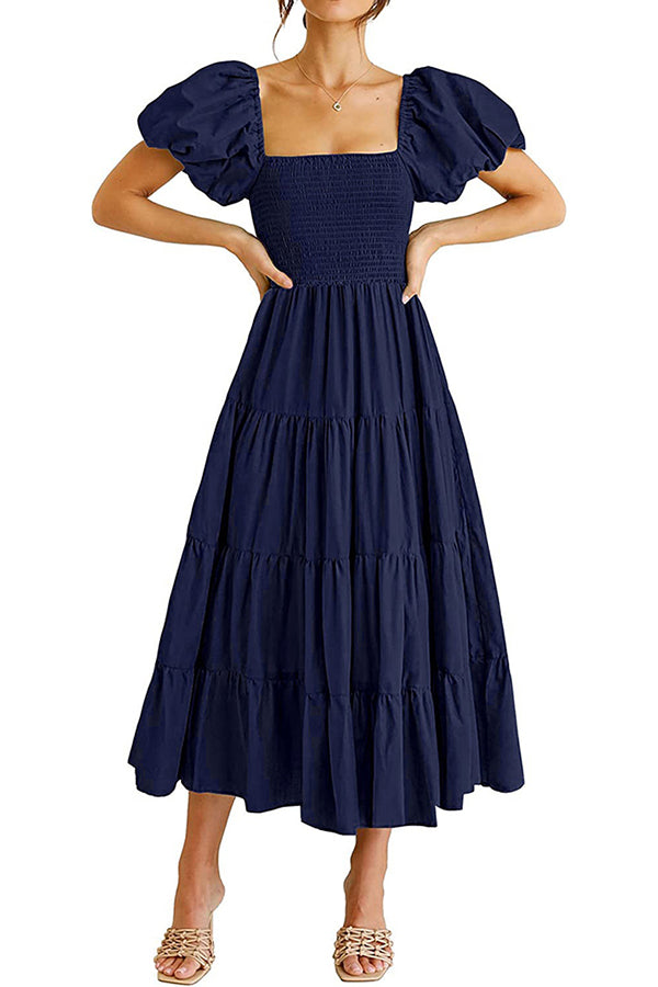 Square Neckline Puff Sleeve Smocked Maxi Dress Navy blue - Dresses from Cindelily