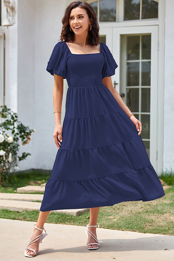 Square Neckline Puff Sleeve Smocked Maxi Dress - Dresses from Cindelily