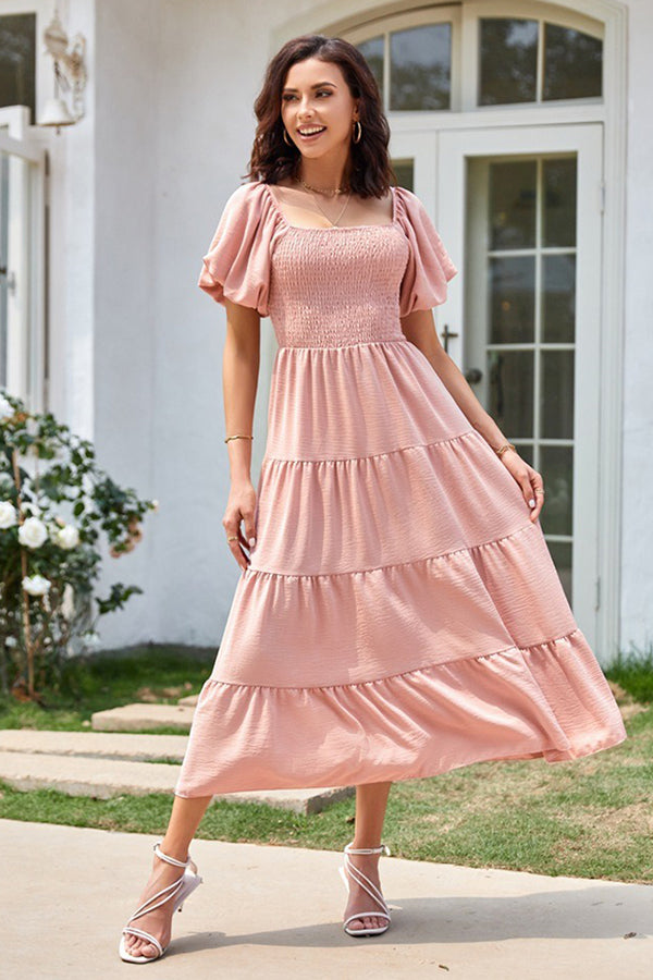 Square Neckline Puff Sleeve Smocked Maxi Dress Pink - Dresses from Cindelily