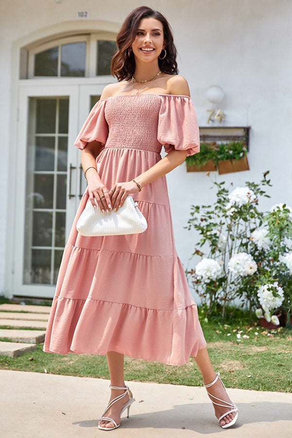 Square Neckline Puff Sleeve Smocked Maxi Dress - Dresses from Cindelily