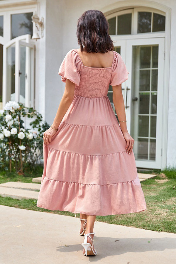 Square Neckline Puff Sleeve Smocked Maxi Dress - Dresses from Cindelily