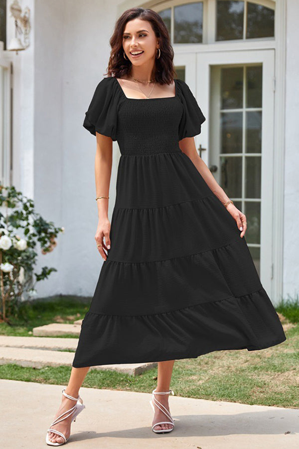 Square Neckline Puff Sleeve Smocked Maxi Dress - Dresses from Cindelily