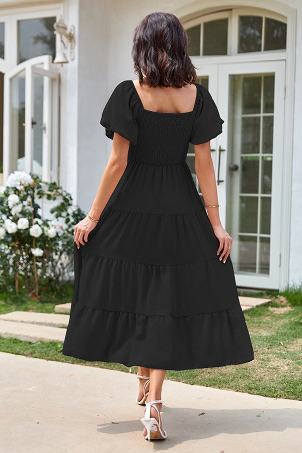 Square Neckline Puff Sleeve Smocked Maxi Dress - Dresses from Cindelily