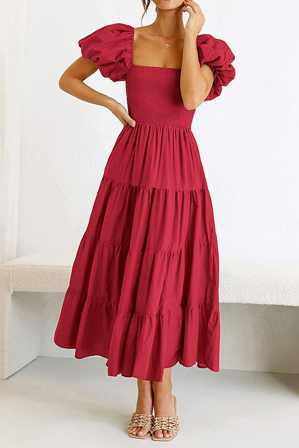 Square Neckline Puff Sleeve Smocked Maxi Dress Red - Dresses from Cindelily