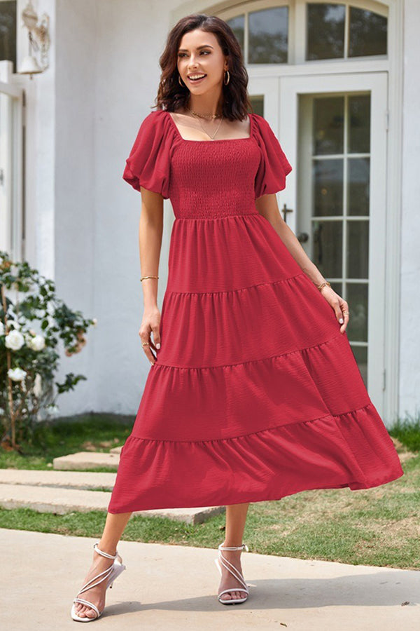 Square Neckline Puff Sleeve Smocked Maxi Dress - Dresses from Cindelily