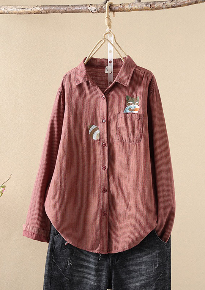 Fox Embroidered Striped Button Up Shirt