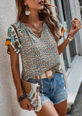 Floral Boho Tie Detail V Neck T-shirt
