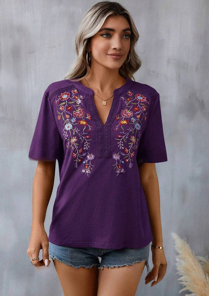 Embroidery Lace Inset V Neck T-shirt