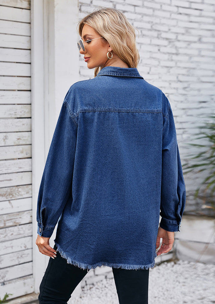 Washed Raw Hem Button Up Denim Shirt