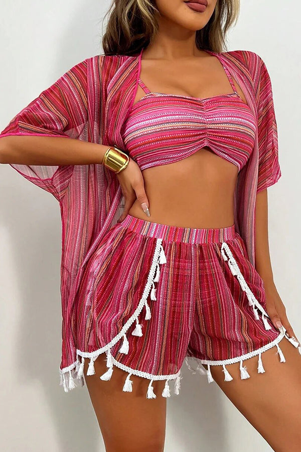 Striped Tassel Kimono Bikini & Shorts 4-Piece Set - Swimwear from Cindelily