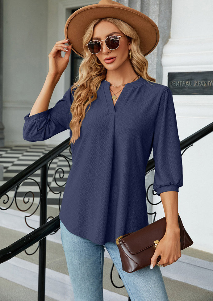 Jacquard Half Sleeve V Neck Casual Blouse
