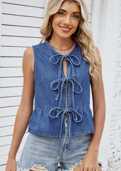 Ruffle Hem Tie Front Denim Vest Top