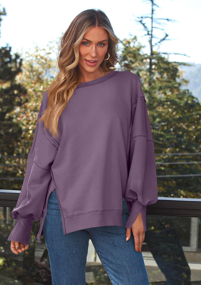Crew Neck Side Split Casual Sweatshirt