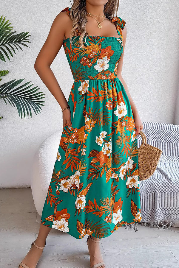 Tropical Floral Smocked Maxi Dress Green - Dresses from Cindelily