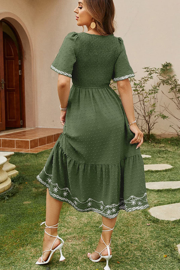 Textured Smocked Midi Dress with Embroidered Trim - Dresses from Cindelily