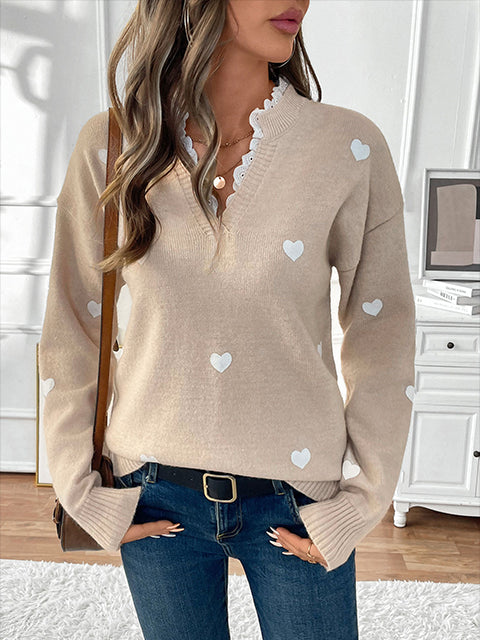 V Neck Lace Splicing Heart Jacquard Sweater