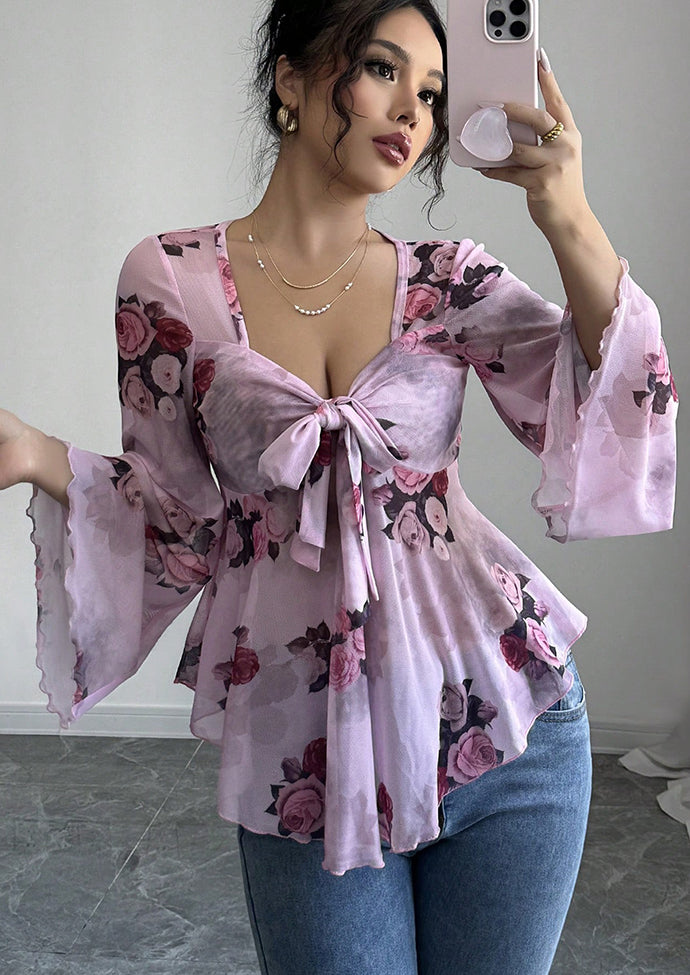 Floral Print Tie Bow Long Sleeve Top