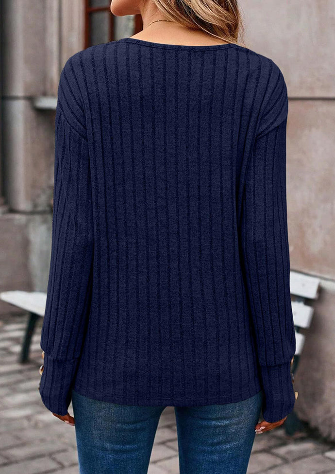 V Neck Button Detail Textued Casual T-shirt