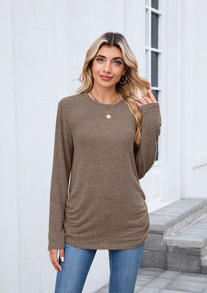 Side Pleated Crew Neck Long Sleeve T-shirt