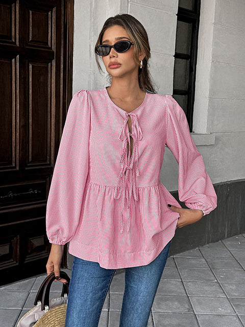 Bow Knotted Long Sleeve Stripe Blouse