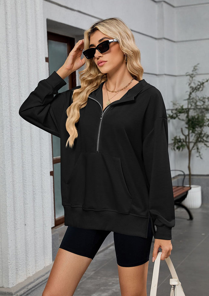 Half Zip Size Split Hoodie with Front Pocket