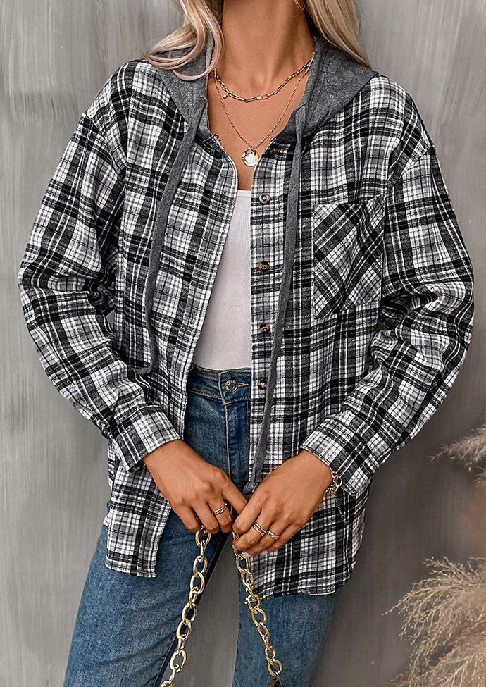 Hooded Pocket Detail Button Up Plaid Shirt