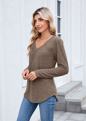 V-neck Pleated Solid Long Sleeve T-shirt