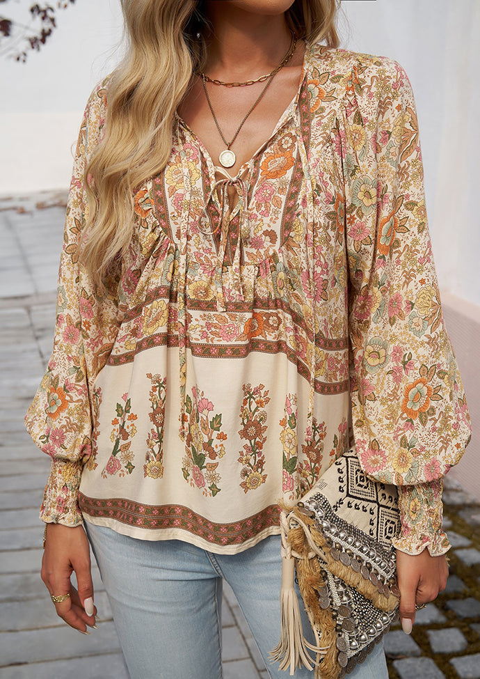 Tie Detail Smocked Cuff Boho Blouse