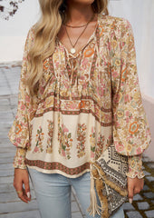 Tie Detail Smocked Cuff Boho Blouse