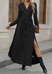 Retro Lace Inset V Neck Bow Print Maxi Dress