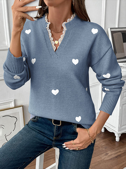 V Neck Lace Splicing Heart Jacquard Sweater