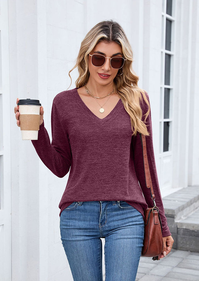 V Neck Long Sleeve Basic Casual T-shirt