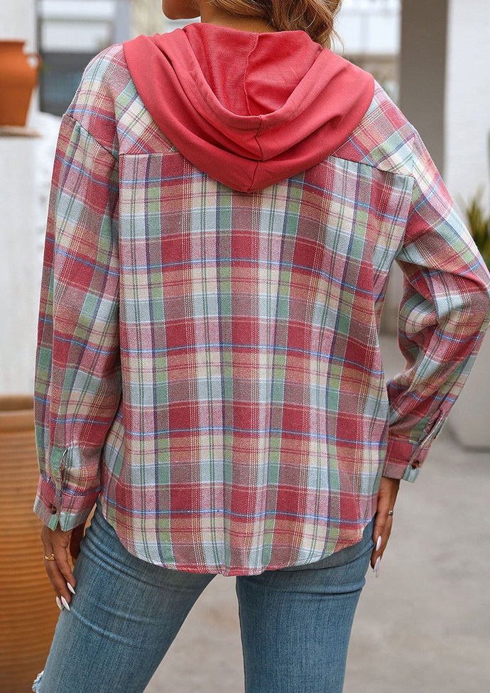 Hooded Pocket Detail Button Up Plaid Shirt