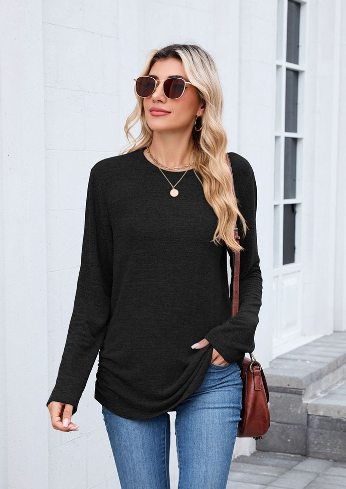 Side Pleated Crew Neck Long Sleeve T-shirt