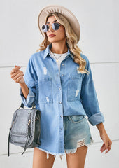Washed Raw Hem Ripped Denim Shirt