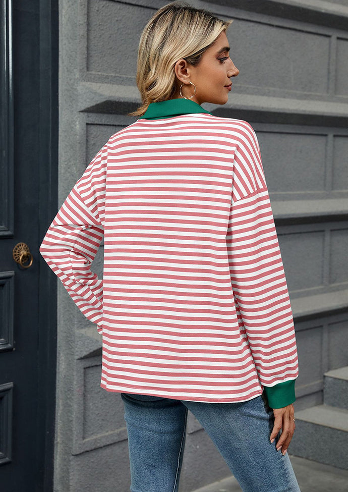 Stripe Color Block V Neck Casual Top