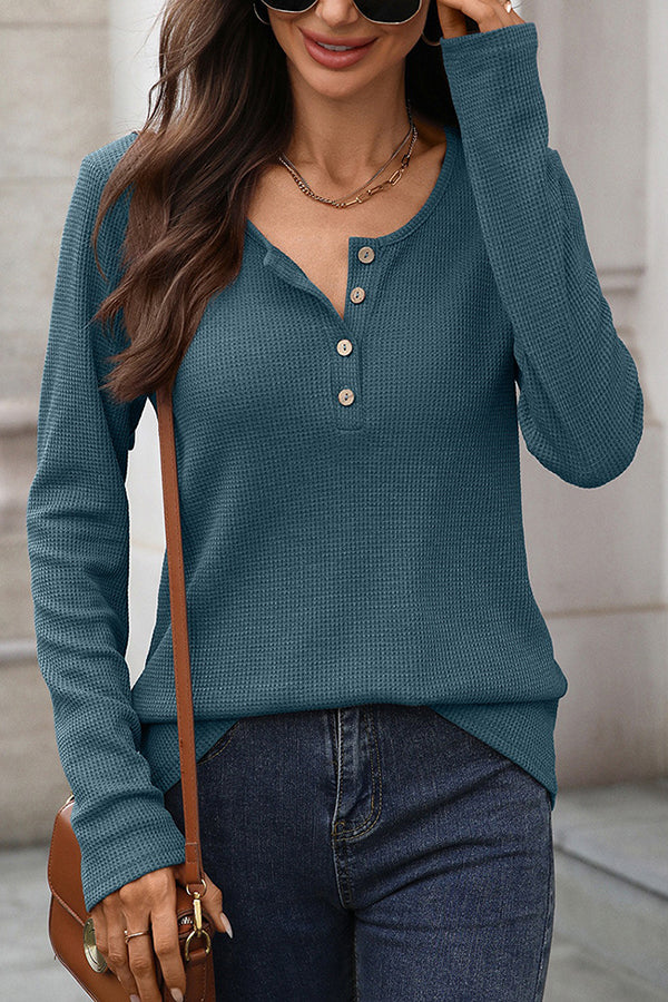Waffle Button Up Henley T-shirt - T-Shirts & Tunics from Cindelily