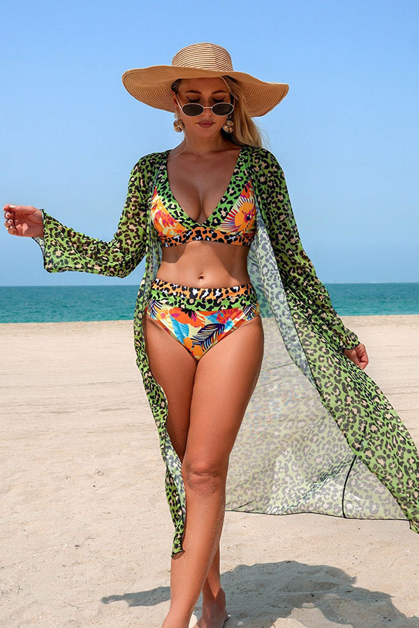 Leopard & Tropical Print 3-Piece Swim Set Light green - Swimwear from Cindelily