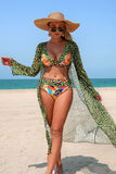 Leopard & Tropical Print 3-Piece Swim Set Light green - Swimwear from Cindelily