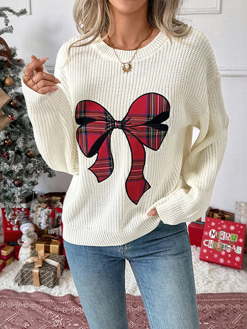 Christmas Gingham Bow Embroidered Crew Neck Sweater