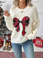 Christmas Gingham Bow Embroidered Crew Neck Sweater
