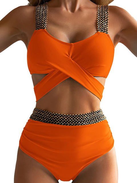 Solid Patchwork Crossed Bikini Sets
