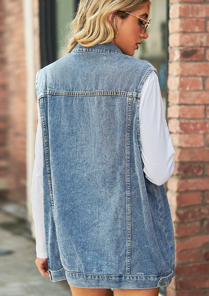 Retro Washed Denim Vest with Pockets