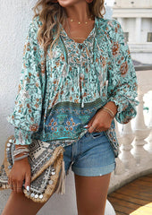 Tie Detail Smocked Cuff Boho Blouse