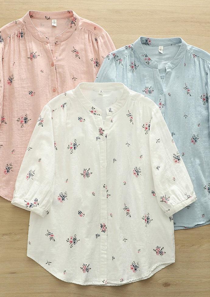 Split Neck Floral Print Half Sleeve Cotton Shirt